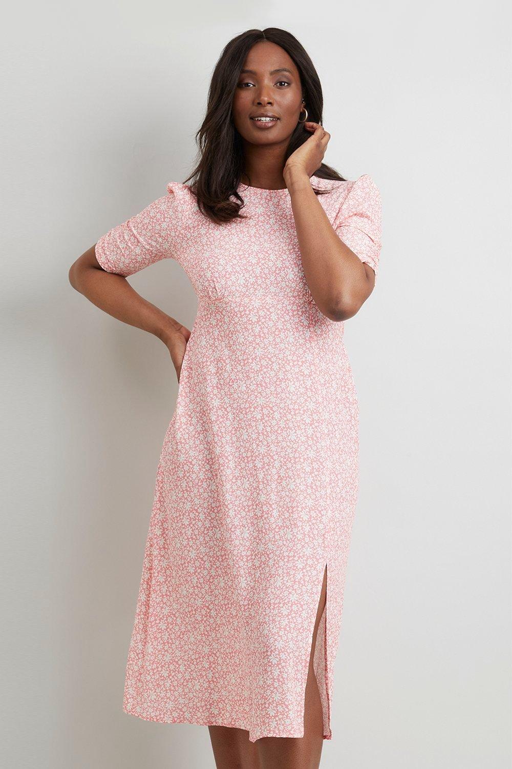 Pink Ditsy Split Midi Dress | Wallis UK